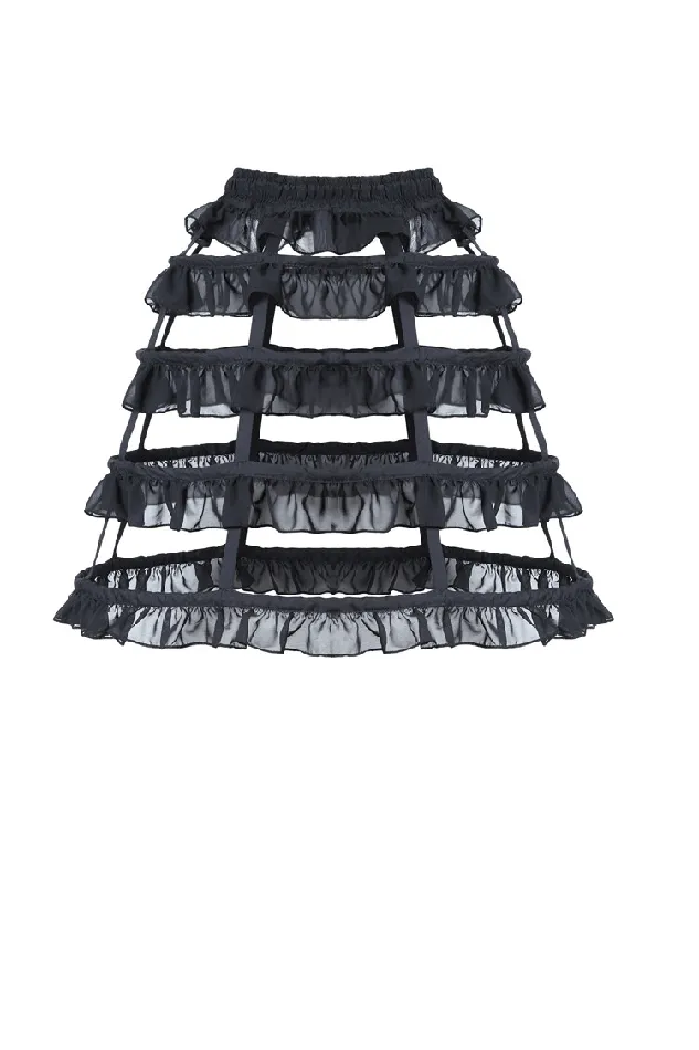 Black Gothic Lolita Skirt with Elastic Waist and Tiers EVEs SECRETS Anal