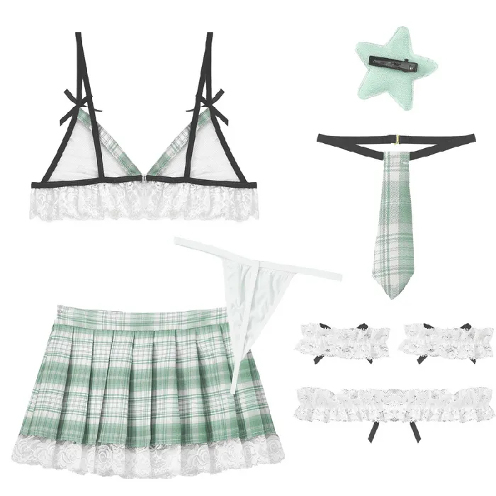 EVEs SECRETS Womens Plaid Skirt and Sheer Bra with Accessories Erotic Cosplay Set Sexy Costume for Women Male Sex Toys