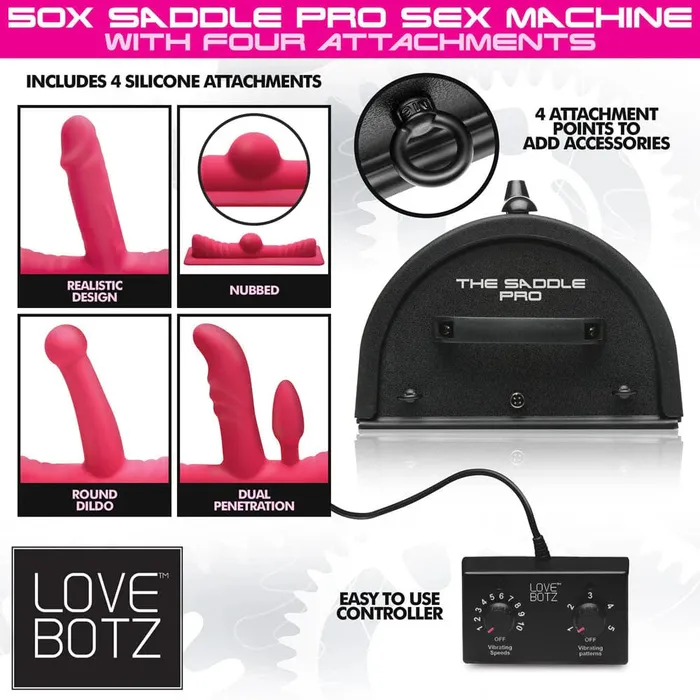 XR Brands Female Sex Toys LoveBotz 50X Saddle Pro Sex Machine With 4 Attachments